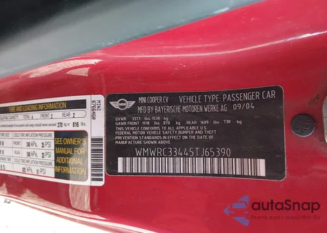 2005 Mini Cooper z USA, uszkodzony, nr VIN WMWRC33445TJ65390